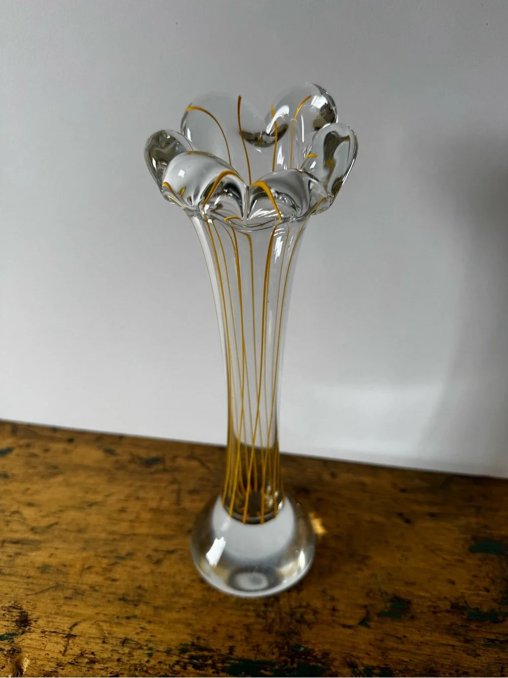 Tall Clear Glass Bud Vase with Yellow Threading - Picture 2 of 7